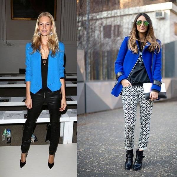 С чем носить ярко синие женские брюки? фото модных образов