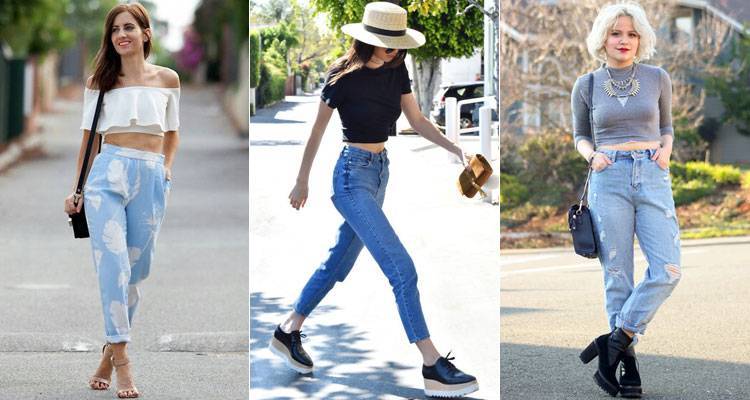 С чем носить широкие женские джинсы с высокой и низкой талией, фото стильных луков с джинсами бананами